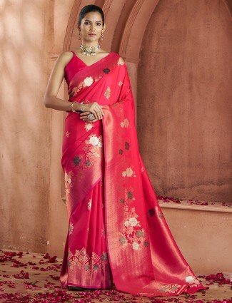 Bright contrast border red saree
