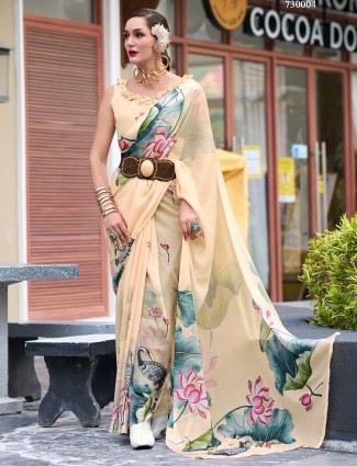 Cream georgette printed saree for festivals