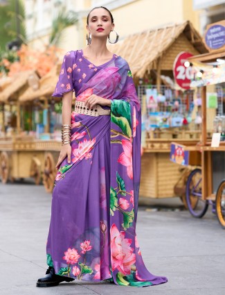 Lilac purple georgette printed saree for festivals