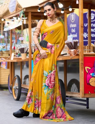 Festive wear mustard yellow georgette printed saree