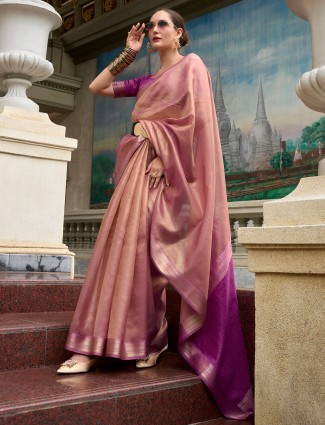 Pastel pink contrast border saree
