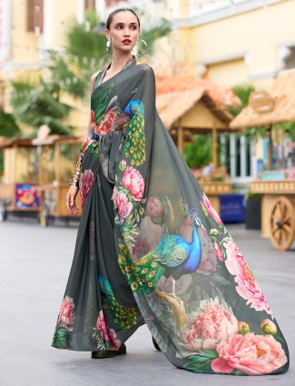 Dark grey georgette saree for festivals