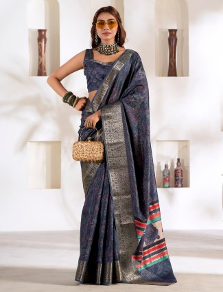 Navy printed silk saree with zari weaving
