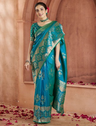 Aqua silk saree for wedding functions