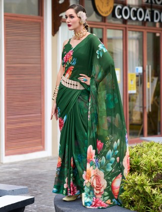 Festive wear green georgette printed saree