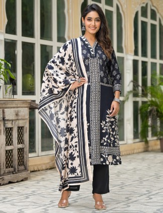Black printed cotton silk festival style salwar suit