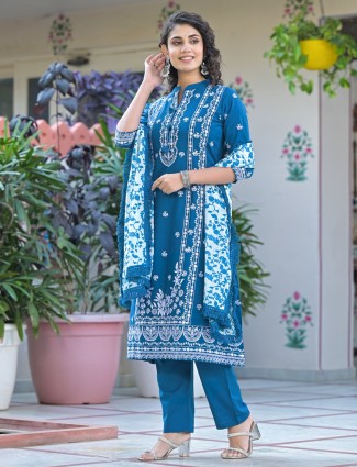 Rama blue cotton silk printed salwar suit
