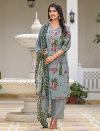 Powder blue satin silk printed salwar suit