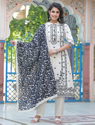 Festival style white cotton silk printed salwar kameez