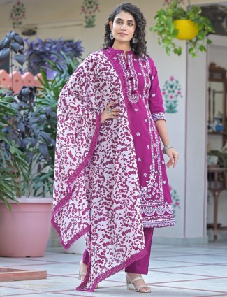 Wine cotton silk printed salwar kameez