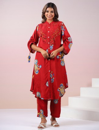 Festive style red printed silk kurti set