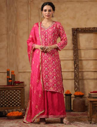 Pink silk printed palazzo kurti set for festive season