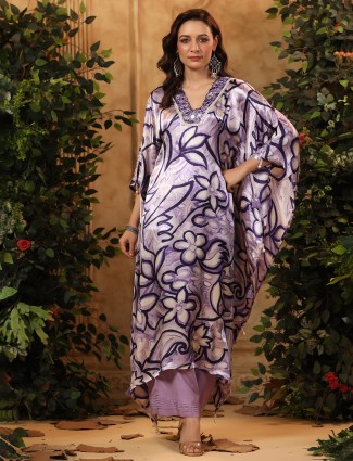 Purple satin printed kurti set