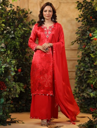 Red satin silk printed palazzo kurti set