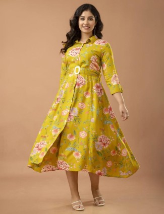 Mehendi yellow printed silk kurti for ceremonies