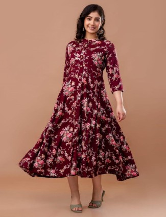 Maroon printed silk casual style kurti