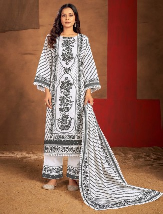 White cotton silk printed kurti set festivlas