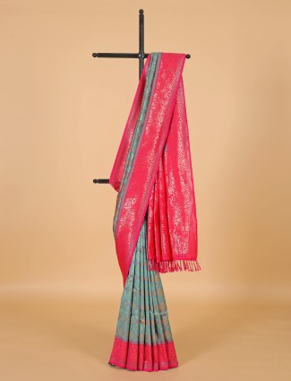 Aqua silk saree with pink border