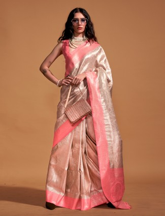 Beige and pink kanjivaram silk wedding style saree