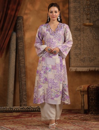 Beige and purple cotton silk kurti set with beads work