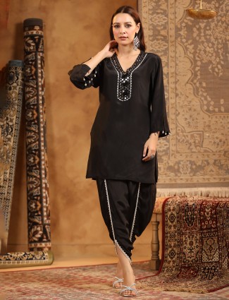 Black satin silk dhoti kurti set with sequins embellishment