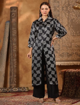 Black satin silk printed festive style kurti set