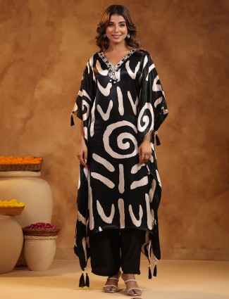 Black stylish printed satin silk kurti set with matching dupatta