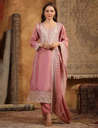 Light pink silk kurti set with matching dupatta
