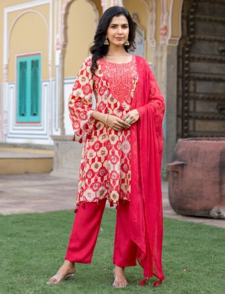 Red pritnted cotton silk salwar kameez