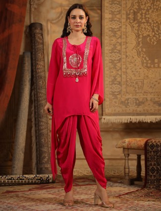 Red dhoti satin silk kurti set with sequins embellishment