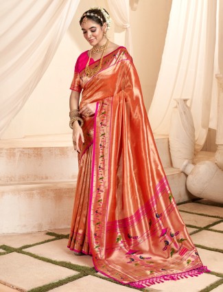 Orange tissue silk wedding wear saree