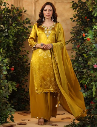 Yellow printed silk kurti set with matching dupatta