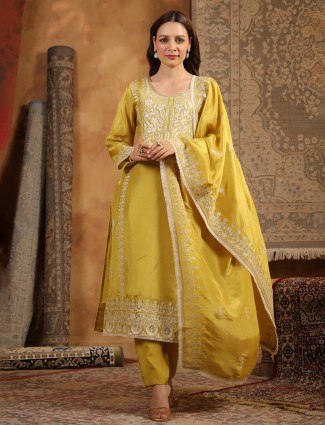Yellow silk embroidered kurti set