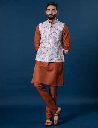 Rusty orange cotton silk waistcoat set for men