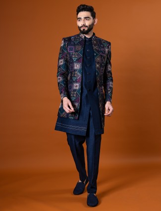 Navy raw silk indo western for men