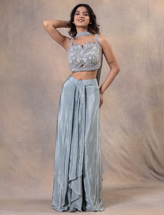 Grey party wear satin silk indowestern suit