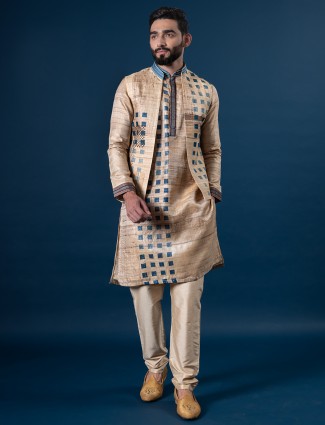 Beige silk traditional waistcoat set for men