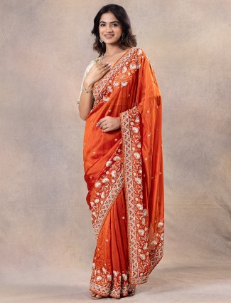 Orange wedding style silk saree