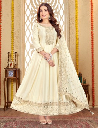 Cream silk anarkali suit with matching dupatta