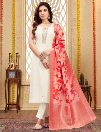 Off-white silk salwar suit with matching dupatta