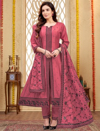 Dark pink silk embroidered salwar kameez