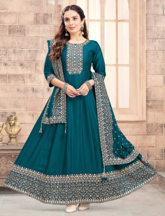 Teal blue silk anarkali suit for women