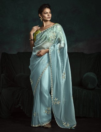 Pastel blue tissue silk party wear embroidered saree