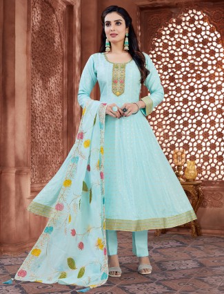 Aqua silk salwar suit zardosi embellishment