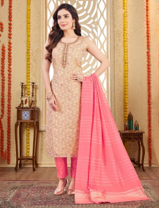 Beige printed cotton silk wedding wear salwar suit