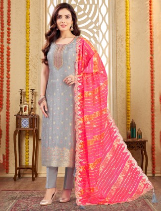 Grey silk printed salwar suit for festival