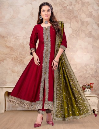 Maroon sequins worked silk round neck salwar suit