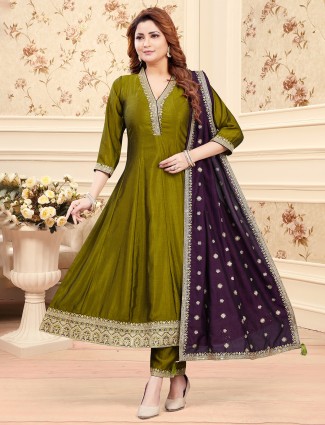 Olive silk wedding style salwar suit  with purple dupatta