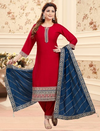 Red sequins worked silk festival wear salwar suit