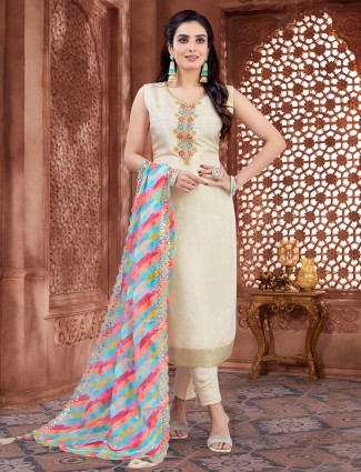 Beige silk salwar kameez with resham embellishment